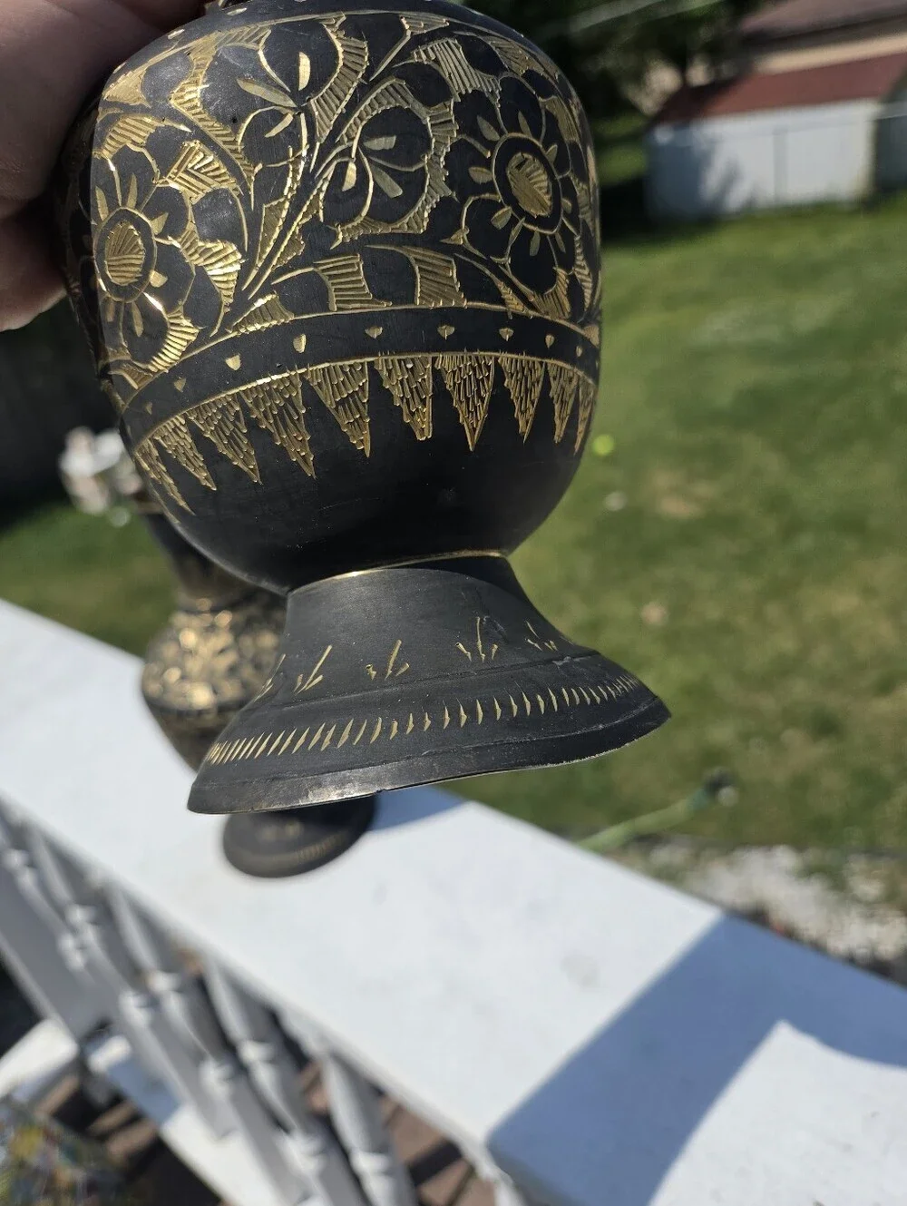 Vintage MCM Indian Brass Etched Floral Vases, Black & Gold Enamel Set of 2